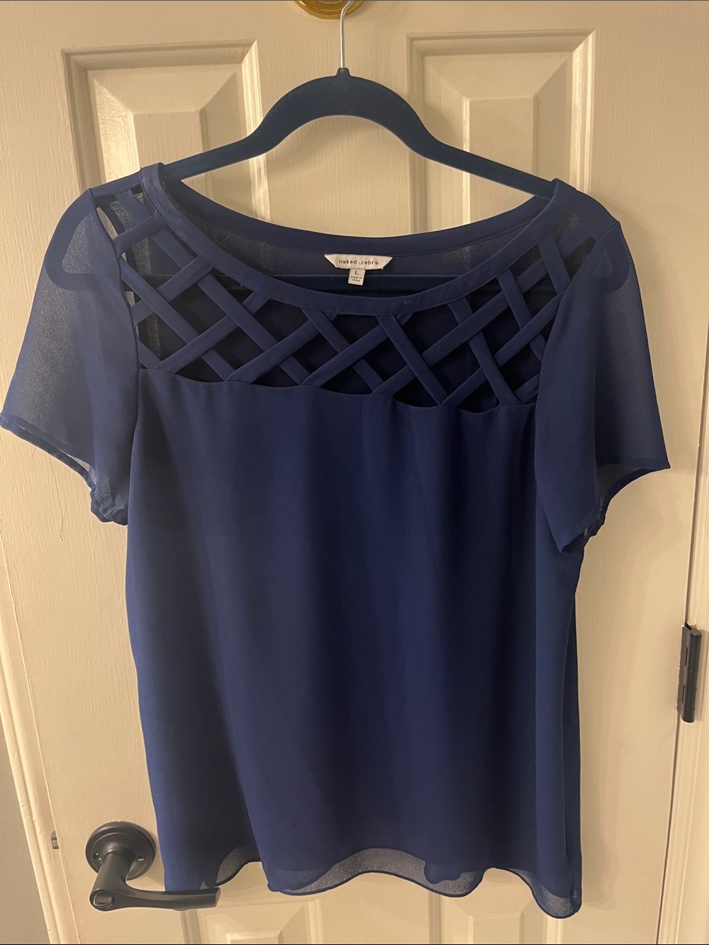 Naked Zebra Navy Lattice Yoke Short Sleeve Blouse